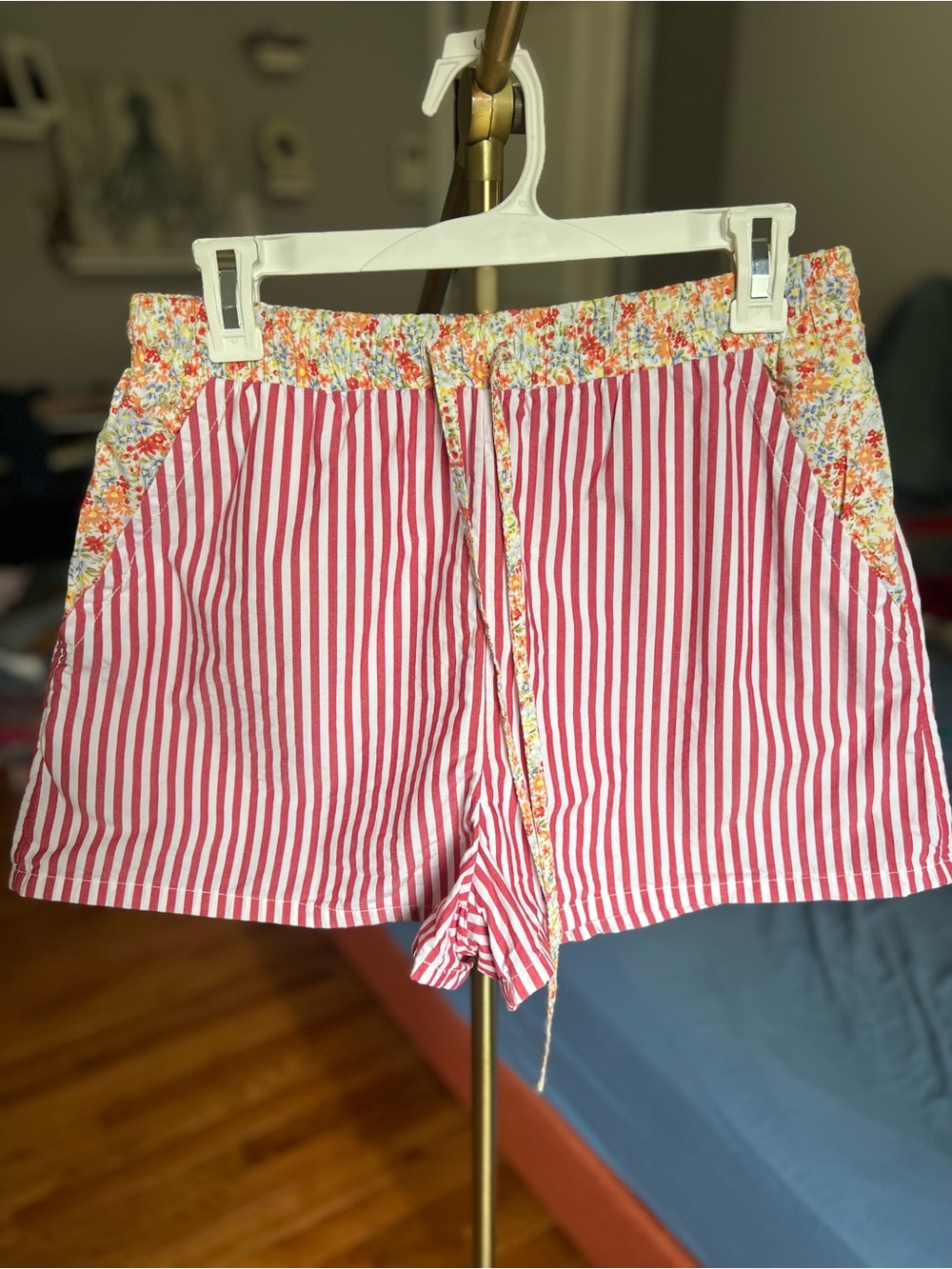 American Eagle Outfitters Pink and White Striped Shorts with Floral Trim